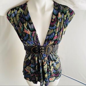 Sky silk multicolor v-neck with leather half belt xs